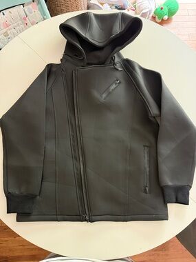 Black Hooded Neoprene-Style Zip Jacket